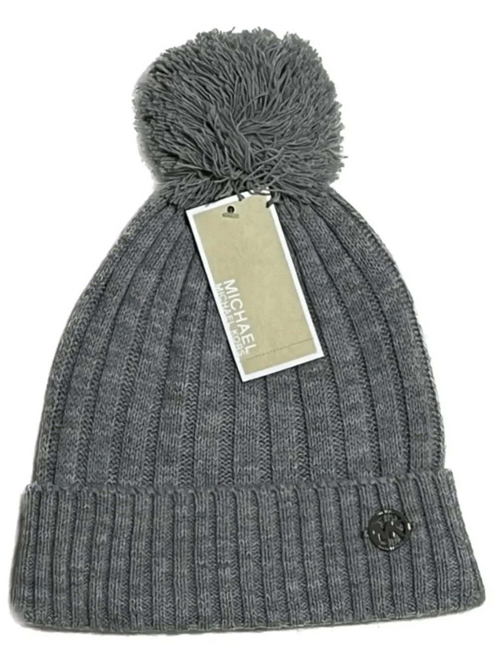 Michael Kors Pom Pom Ribbed Knit Beanie Hat Heather Gray One Size NWT